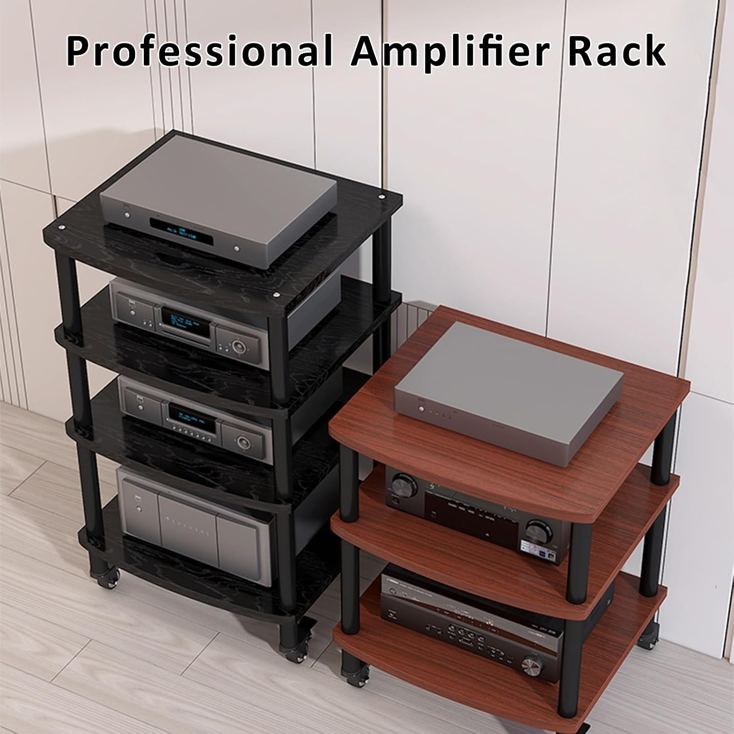 2/3/4-Tier AV Media Stand - Walnut Vinyl Record Player Storage Shelf, Wooden Stereo Cabinet & Audio Rack for Entertainment, Gaming, and Component Organization