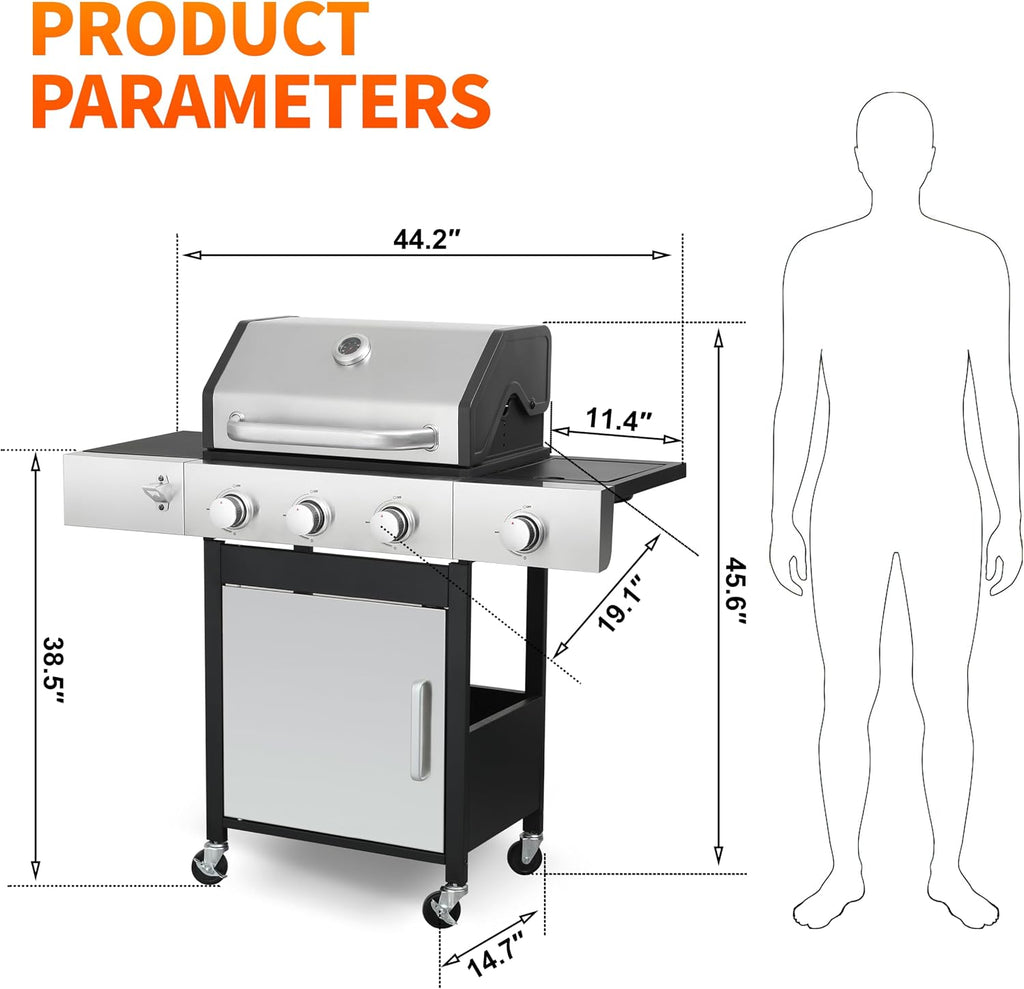 3-Burner Propane Grill for Backyard - 37,230 BTU BBQ with Side Burner, Porcelain Cast Iron Grates, Stainless Steel Outdoor Grill for Camping & Tailgating, Fast Heating