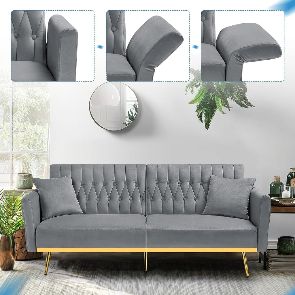 70' Velvet Futon Sofa Bed with 2 Pillows and Adjustable Armrests, Convertible Sleeper Bed W/Adjustable Backrests, Modern Loveseat for Living Room, Bedroom, Light Grey