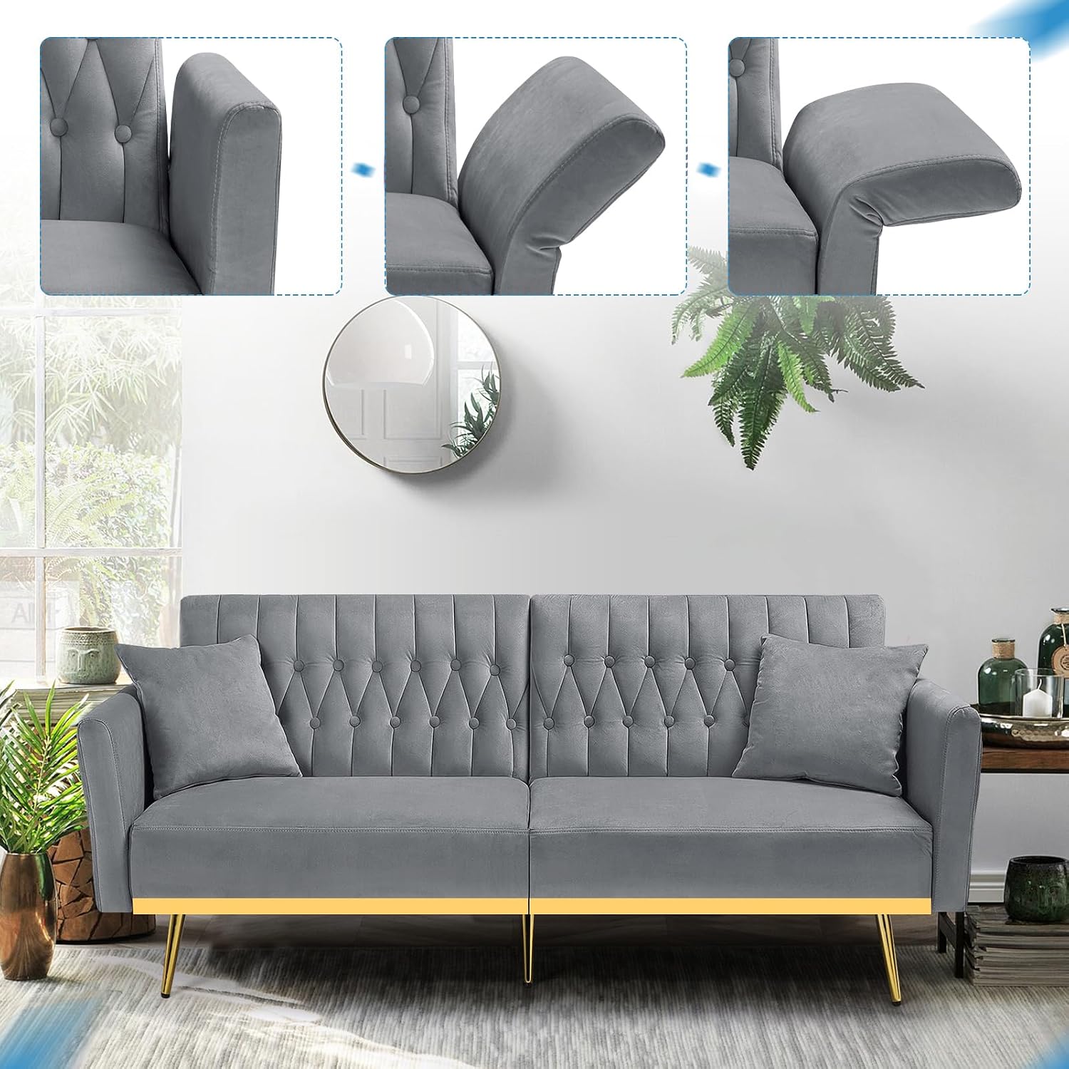 70' Velvet Futon Sofa Bed with 2 Pillows and Adjustable Armrests, Convertible Sleeper Bed W/Adjustable Backrests, Modern Loveseat for Living Room, Bedroom, Light Grey