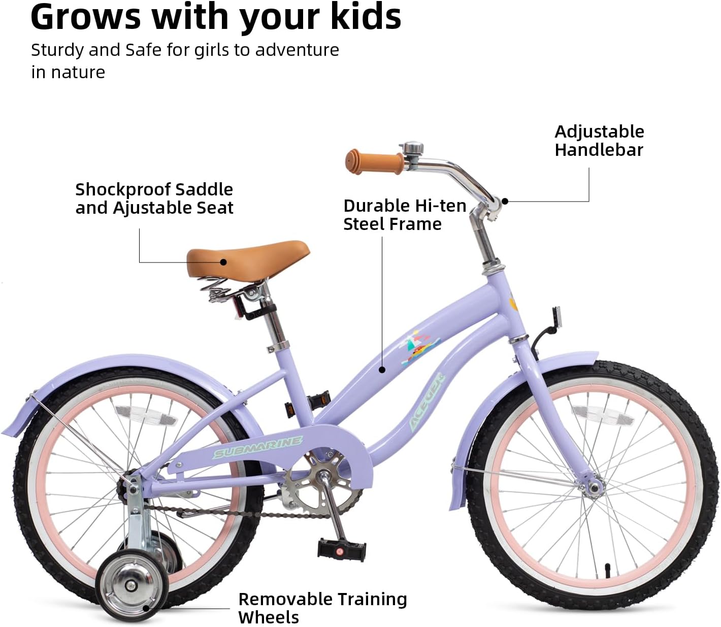 ACEGER Girls Beach Cruiser Bike for Kids 5-13 Years Old, 16' 18' 20' 24' Single Speed Kids Bicycle Included Coaster Brake, Front and Rear Reflectors, 24' 7 Speeds with Dual Brakes