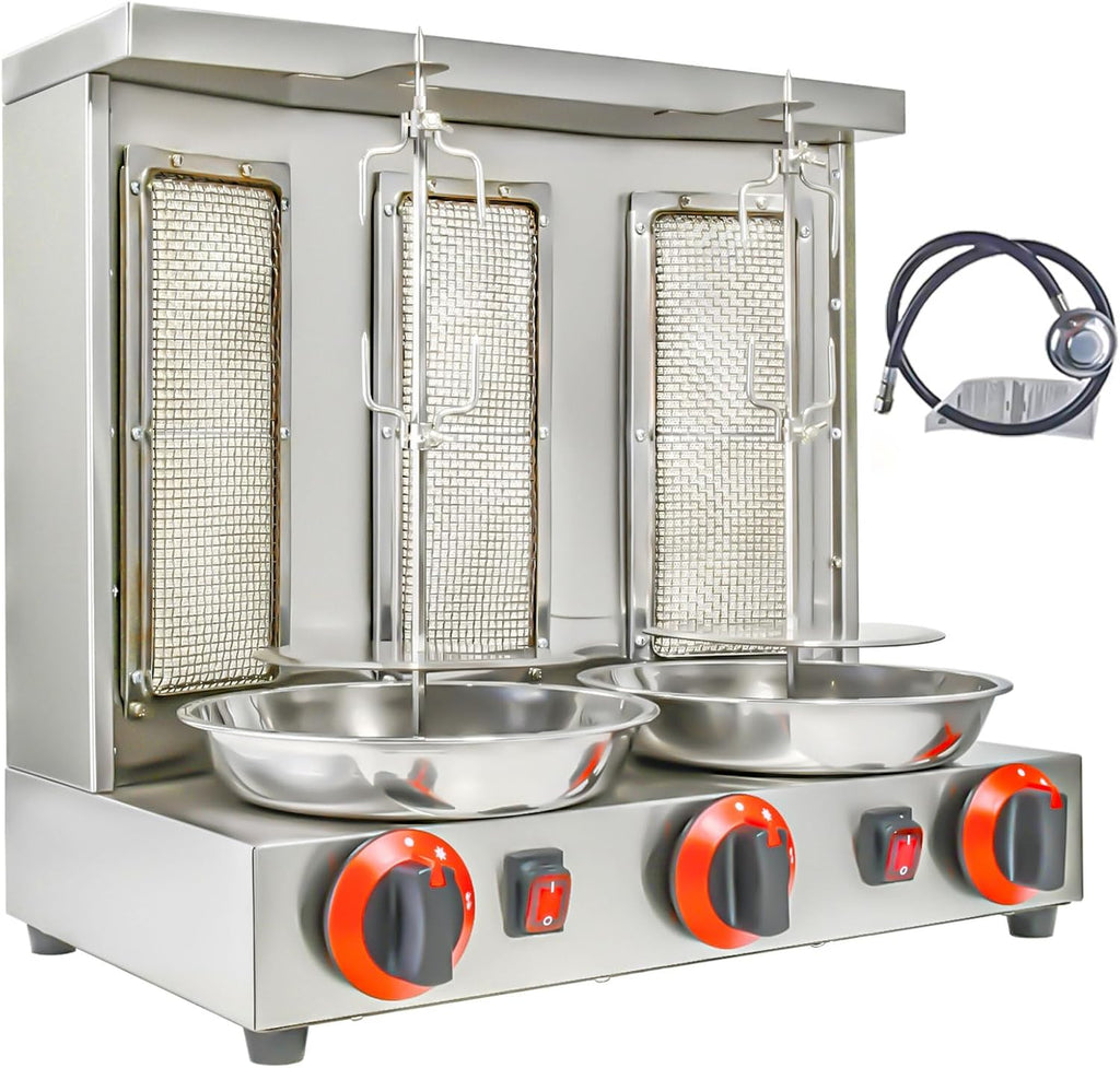 Shawarma Machine 3 Burners Kebab Grill Vertical Rotisserie with 2 Auto Spinning spits for Meat Rotisserie, Chicken Roast, Silver