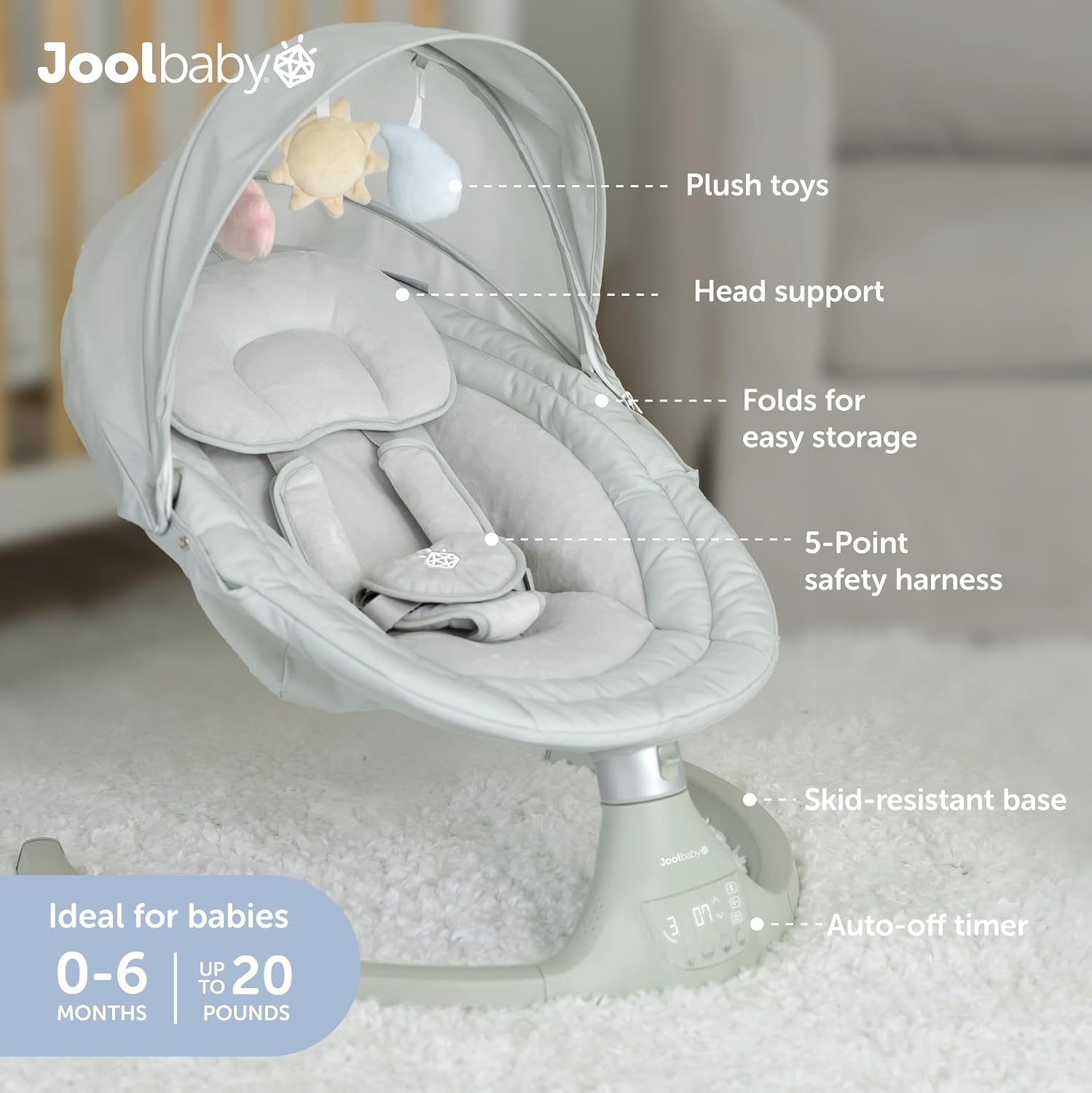 Jool Baby Nova Swing for Newborns - Electric Motorized Infant Swing, Bluetooth Music, 10 Preset Melodies, Remote (Updated Model, Sage)