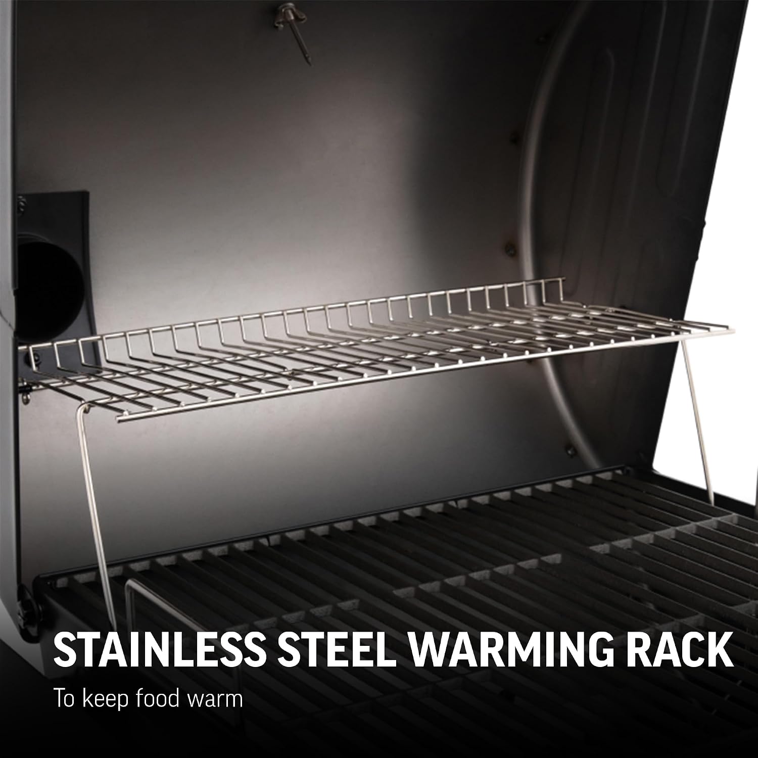 Char-Griller® Wrangler® Charcoal Grill in Black with Metal Shelves, EasyDump™ Ash Pan, Premium Wood Front and Side Shelves with Utensil Hooks, 640 Cooking Square Inches in Black, Model 2823