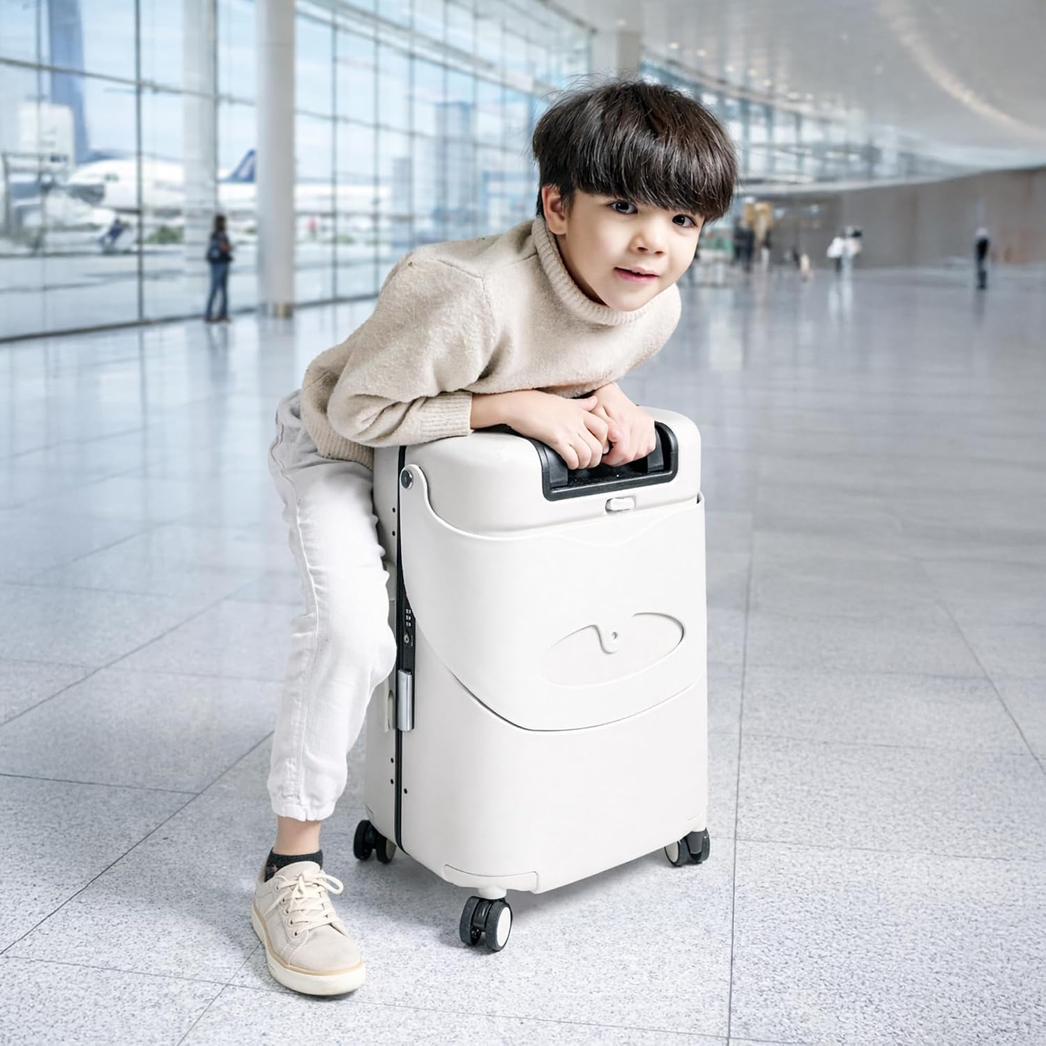 MiaMily Kids Ride-On Carry-On Suitcase with Foldable Seat, Safety Belt, TSA Lock, 4 Double Spinner Wheels, Hard Shell Cabin Luggage, 43L, Mist Grey