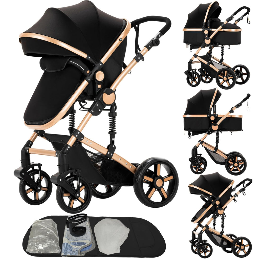 2 in 1 Baby Stroller Convertible Reversible Standard Pram Portable Pushchair Infant Buggy Baby Carriage Foldable High Landscape Pram for Toddler Newborn (2US588-BG)
