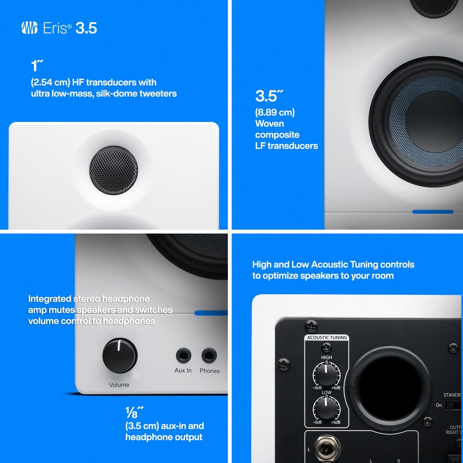 PreSonus Eris 3.5 Studio Monitors (White), Pair — 3.5' Inch Powered Bookshelf Speakers, Stereo, Desktop Computer, Near Field Music Production, Audio Mixing Recording