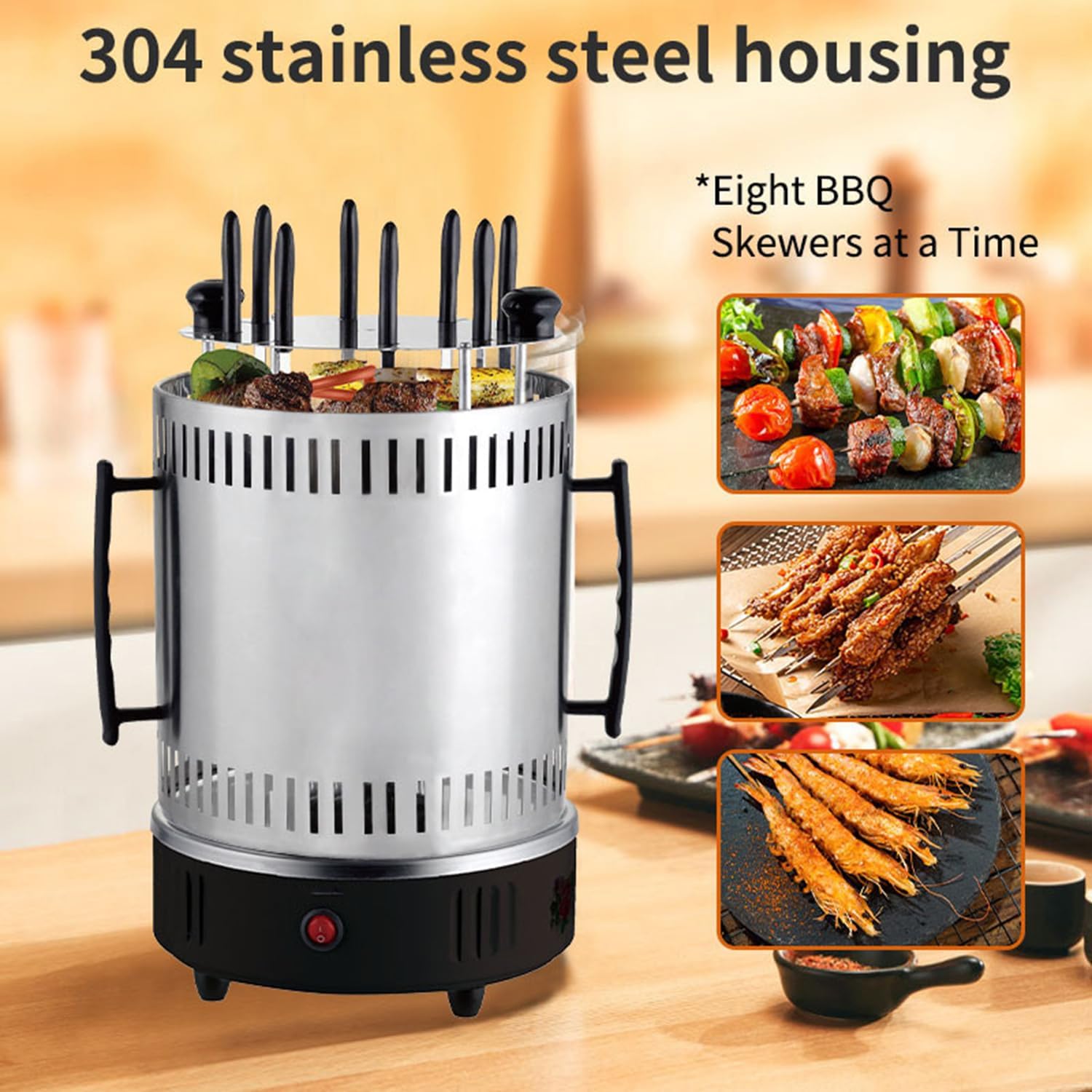 1500W Electric Rotating Vertical Rotisserie Grill,360 Fully Automatic Barbecue Shawarma Machine,w/Oil-Receiving Cup,8 Grilling Forks