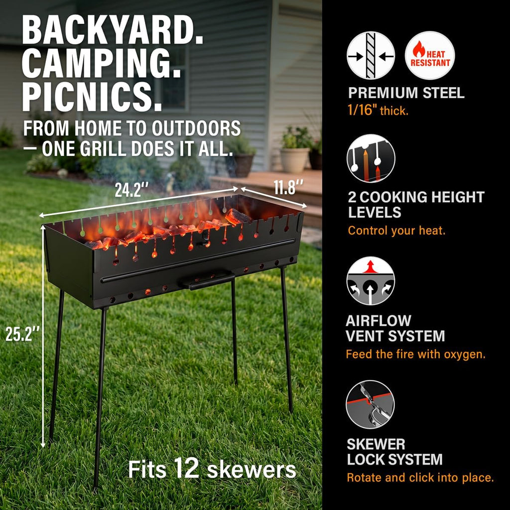 Charcoal Grill for 12 Skewers - Portable BBQ Mangal - Foldable Metal Grill for Shashlik, Kebab, Picnic, Outdoor Cooking (Skewers Not Included)