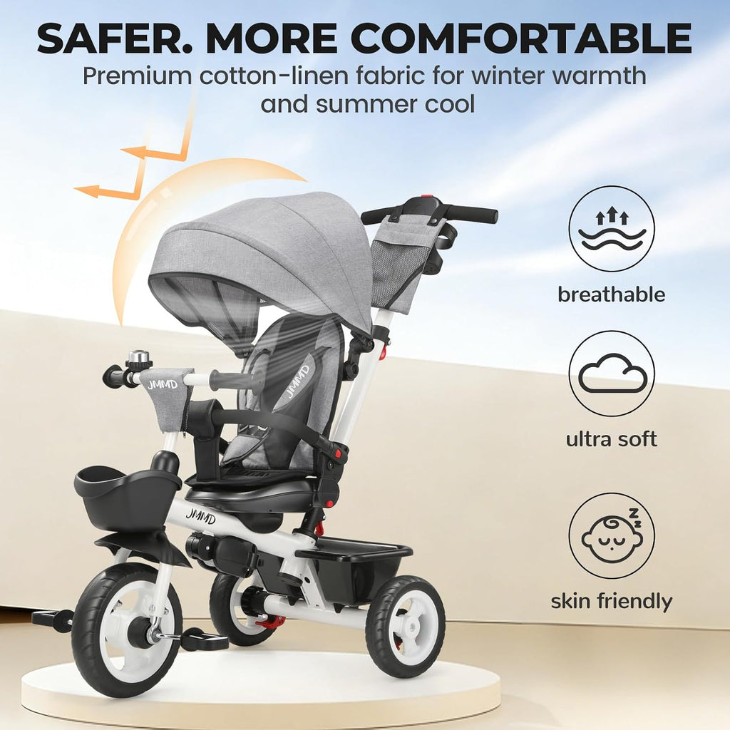 JMMD 7 in 1 Tricycle Stroller with Push Handle, Baby Trike with 360° Swivel Seat, Reclining Backrest, All-Terrain Wheels, Dual Brakes, Canopy & Storage, Gift for Kids 18 Months to 5 Years, Gray
