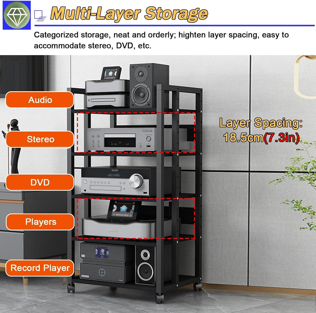 5/4/3/2-Tier AV Media Stand Vertical Storage Cabinet, Office Home Classroom Stereo Rack System Cabinet Adjustable, Mobile Audio Equipment Rack, Portable Record Player Amplifiers Shelf(3 Tier 58.5cm Ta