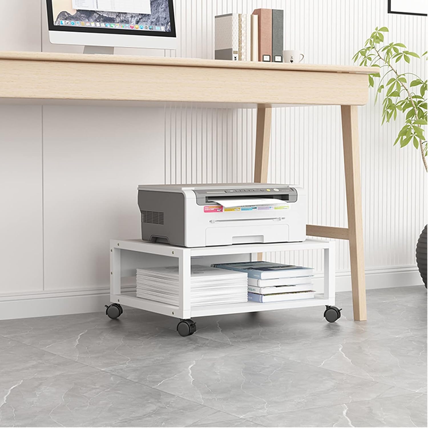 Office 2 Tiers Under Desk Printer Stand Small Rolling Movable with 4 Wheels Office Shelf for Mini 3D, 50×40×25cm Printer Table