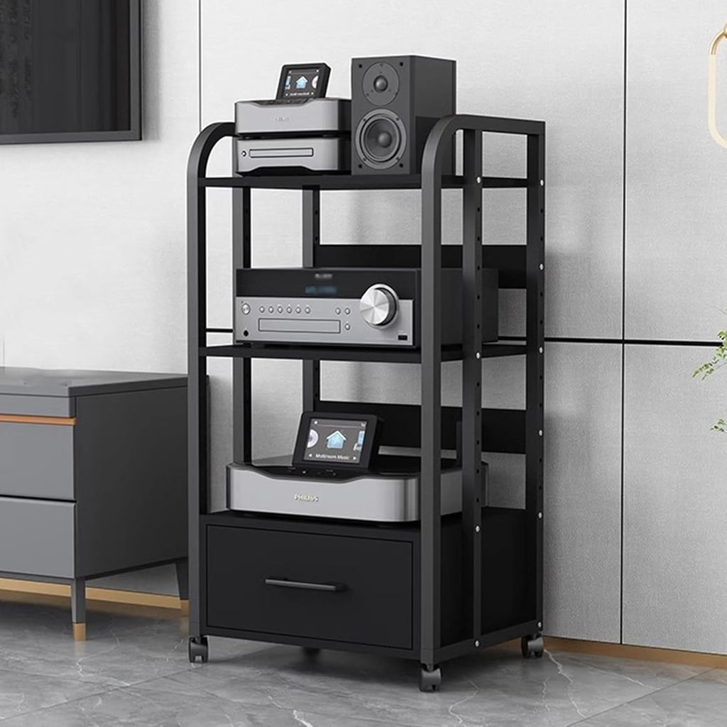 WDJBPSH Mobile Audio Media Rack on Wheels, Portable Video Entertainment Equipment Storage Holder with Height-Adjustable Shelf, Office Bedroom Living Room Organizer(Size:3 Tier/H 100cm- with Drawer)