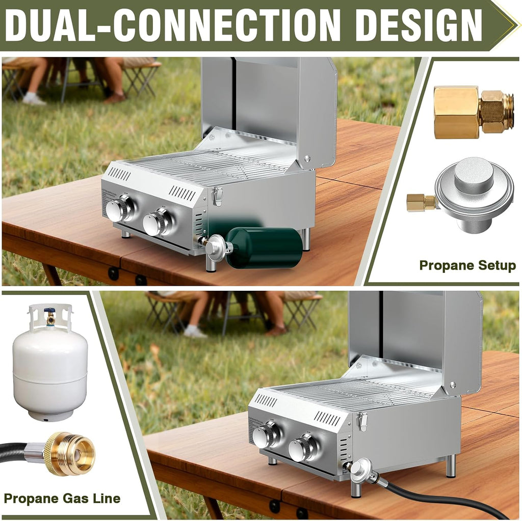 Bestfire Tabletop Propane Gas Grill 2 Burners- Dual Connections, 20,000 BTUs Stainless Steel Portable Grill Fits Large Gas Cylinders and Small Canisters for Outdoor Camping and RV Trips