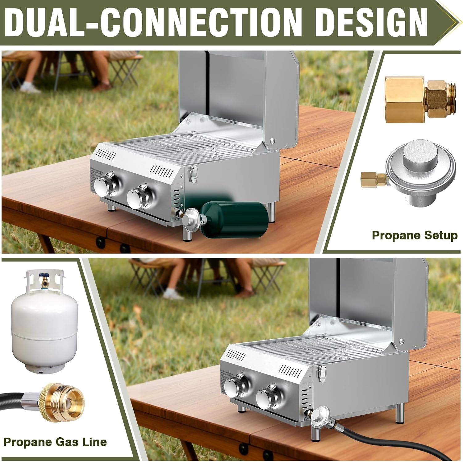 Bestfire Tabletop Propane Gas Grill 2 Burners- Dual Connections, 20,000 BTUs Stainless Steel Portable Grill Fits Large Gas Cylinders and Small Canisters for Outdoor Camping and RV Trips