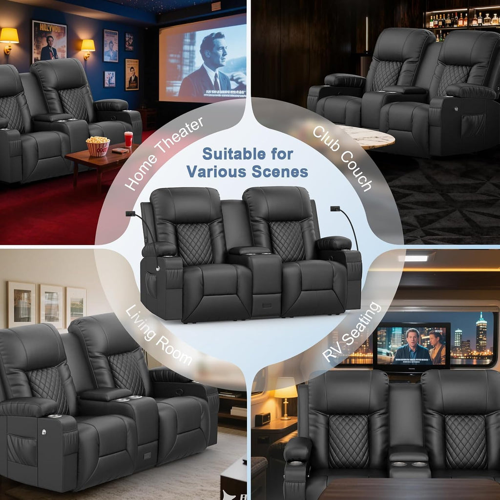 Recliner Sofa Set, Loveseat Recliner Couch and 2 PCS Recliner Chair with Heat & Massage, Home Theater Seating with Console, Drawer, USB Ports & Phone Holders, Reclining Loveseat for Theater