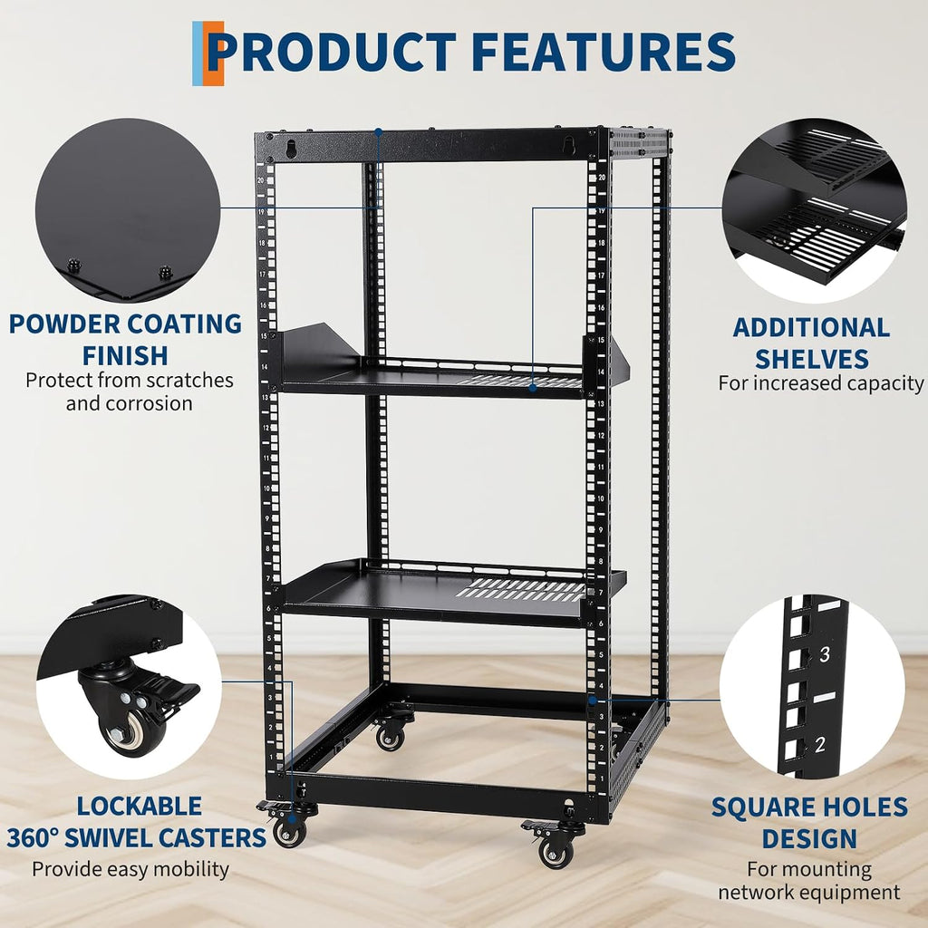 20U Server Rack Open Frame, Adjustable Depth 23'-40', Wall Mount & Free Standing IT Rack with Lockable Casters, 1U Shelf Included 500lbs Capacity for Network/AV Equipment