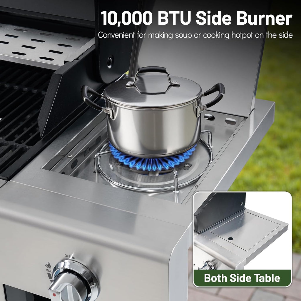 HUGROVE Propane Gas BBQ Grill with Side Burner & Wheels, 50,000 BTU Output Stainless Steel Barbecue Grill for Backyard & Outdoor Cooking Easy to Assemble (Silver)