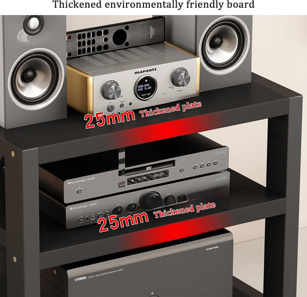 Modern Audio Rack - Black AV Media Stand with 3 Tiers, Spacious Storage Shelf for Stereo Equipment, Sturdy Steel Frame, Foot Pads, 40x35x35.5CM - Stylish Media Storage Solution