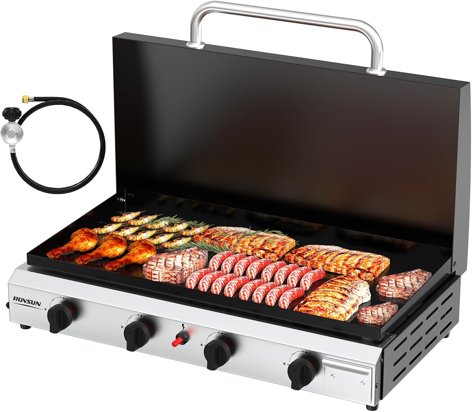 ROVSUN 4 Burner Portable Propane Griddle with Enameled Tray & Lid, 40,000 BTU Tabletop Flat Top Gas Grill with Electronic Ignition & Regulator for Outdoor Cooking Camping BBQ Tailgating