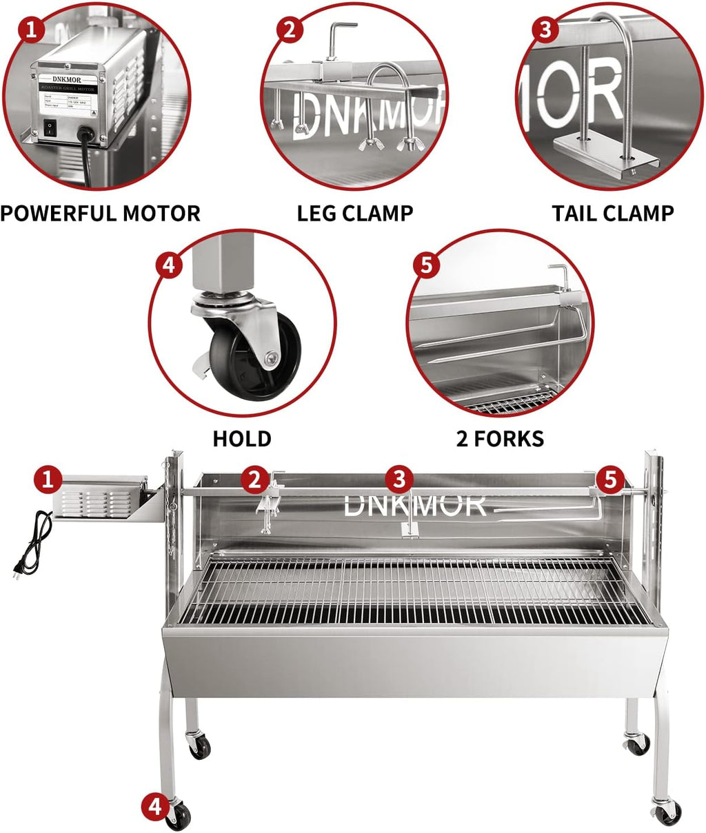 Rotisserie Grill Stainless Steel Charcoal Spit Roaster, 50' Pig Lamb Hooded Roaster Charcoal Spit with 30W Motor & Adjustable Height Lockable Casters for Outdoor Camping Party, Rated 150 LB