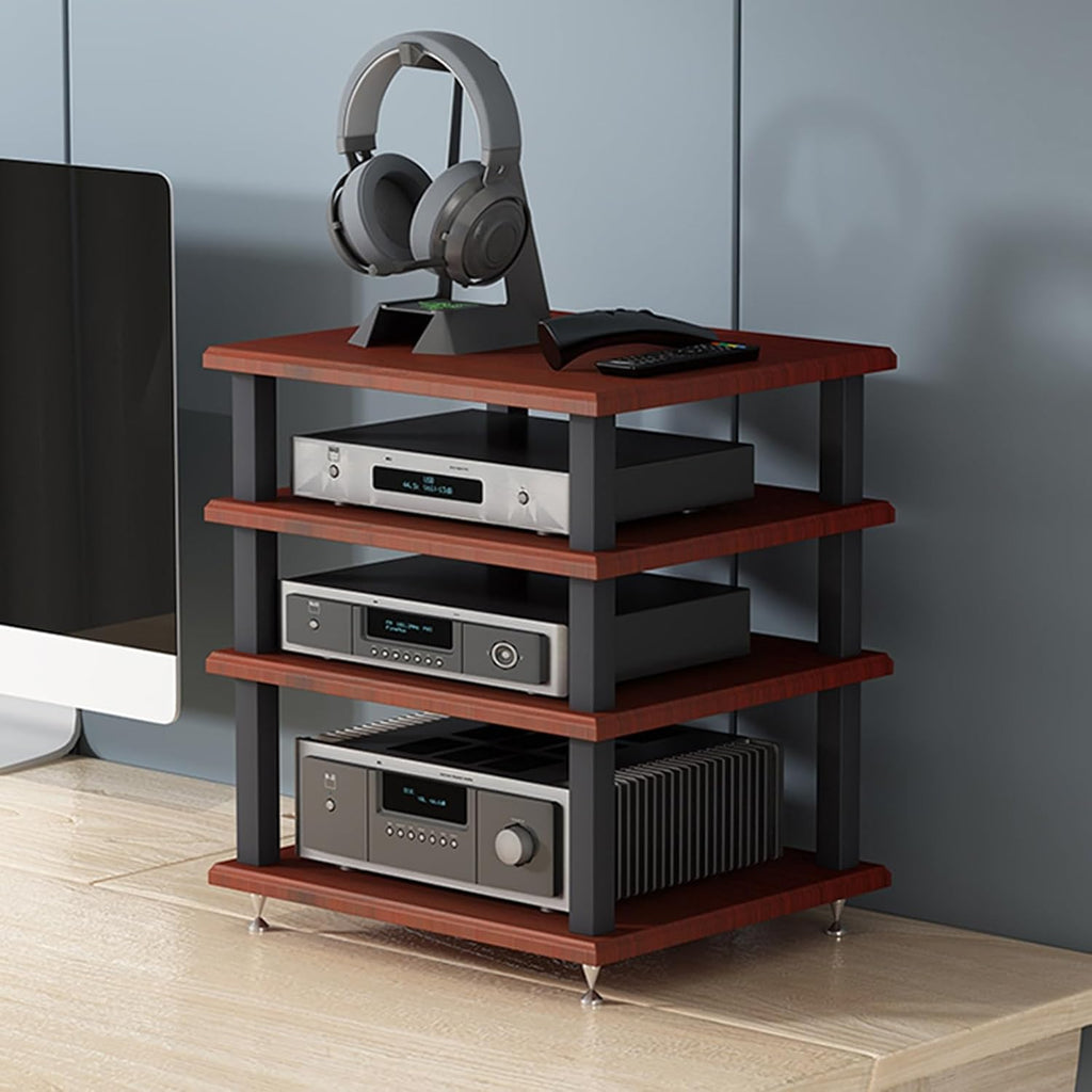 Modern Audio Rack Stand - Open Storage Media Cabinet for Stereo, CD Player, & AV Equipment - Floor-Standing Tower with Foot Pads - Teak Finish (40x35x35CM)