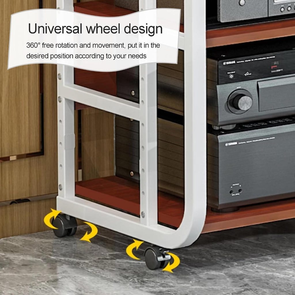 AV Media Stand - Audio Video Shelving Rack with Wheels, Open Storage Cabinet for Home, Office & Theater - Stereo Tower Console for Recording Room (Black, 50x42.5x70cm)