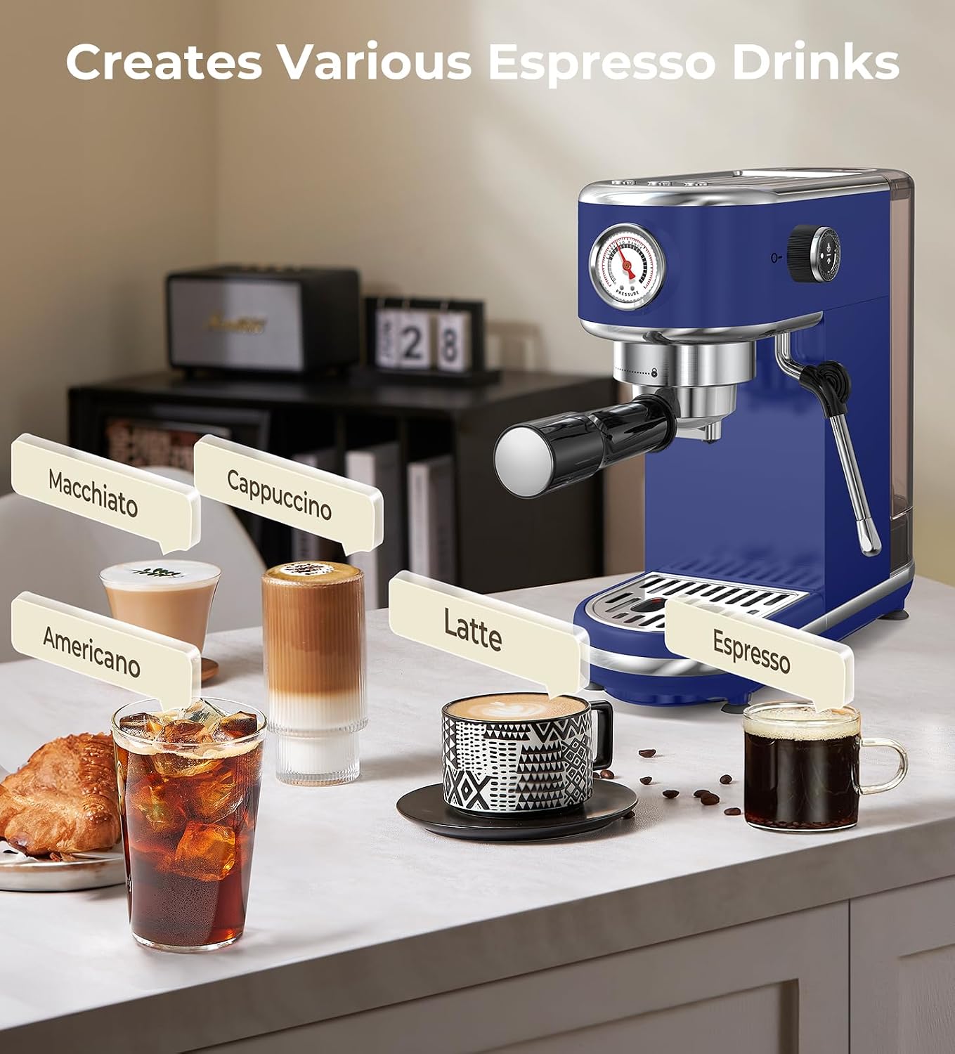 atatix 20 Bar Espresso Machine with Milk Frother, Compact Espresso Maker, Stainless Steel Coffee Machine with Precise Temp Control & 44oz Removable Water Tank for Latte, Cappuccino, Dark Blue