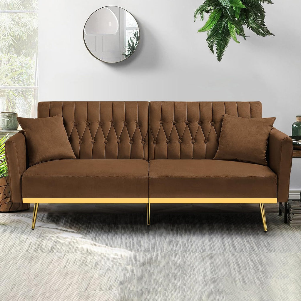 70' Velvet Futon Sofa Bed with 2 Pillows and Adjustable Armrests, Convertible Sleeper Bed W/Adjustable Backrests, Modern Loveseat for Living Room, Bedroom, Brown