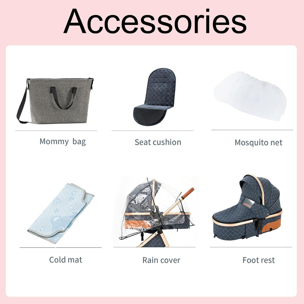 2 in 1 Baby Stroller Reversible Portable Standard Stroller Convertible Pushchair Infant Buggy Baby Carriage Foldable High Landscape Pram for Toddler Newborn (225 Black Gold)