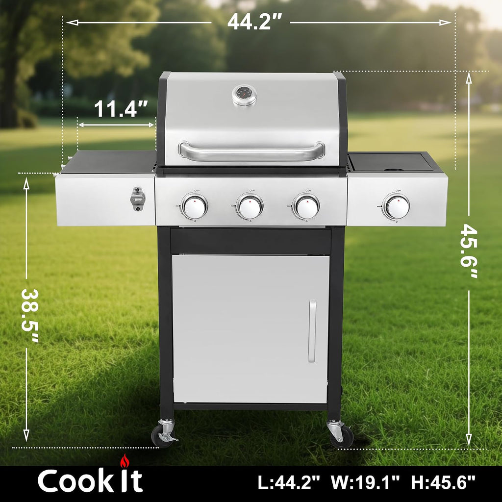 39000 BTU Output Propane Gas Grill with Side Burner and 3 Main Burners - Double-layer Stainless Steel Lid, Cast Iron Grids, Easy-Clean Grease Management & Even Heat Distribution for Perfect BBQs