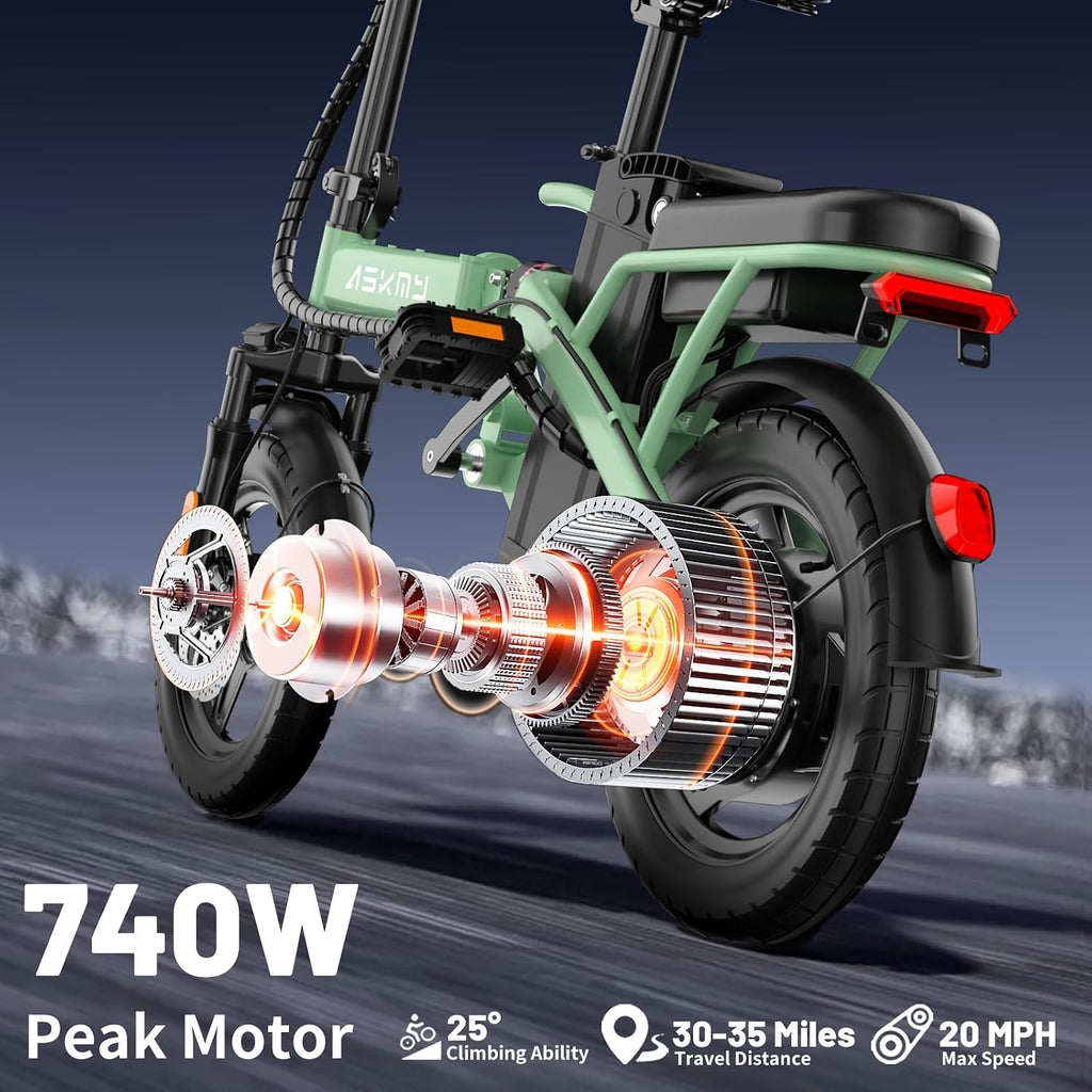 Foldable Electric Bike for Adults and Teens, 740W Peak Motor Ebike with 48V 10AH/20AH Removable Battery, 30-60 Miles PAS Range, 14' Folding Mini E-Bike, 20MPH Electric Bicycle for Daily Commuting