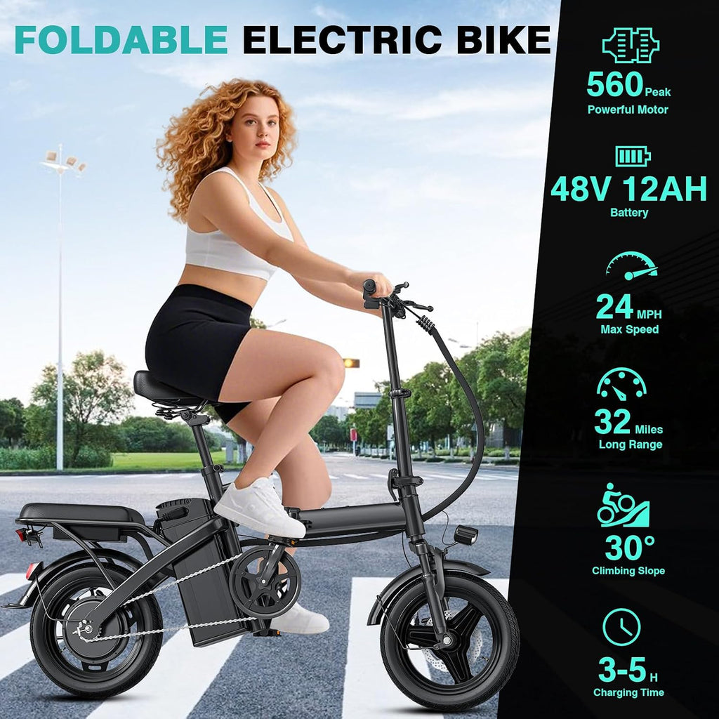 LELEKUAI Electric Bike for Adults and Teens, 520W-560W Motor, 20-24MPH, 32 Miles Range, 48V 10Ah Battery, 3-Level Pedal Assist, 14' Foldable Mini Electric Bicycle, UL 2849 Certified