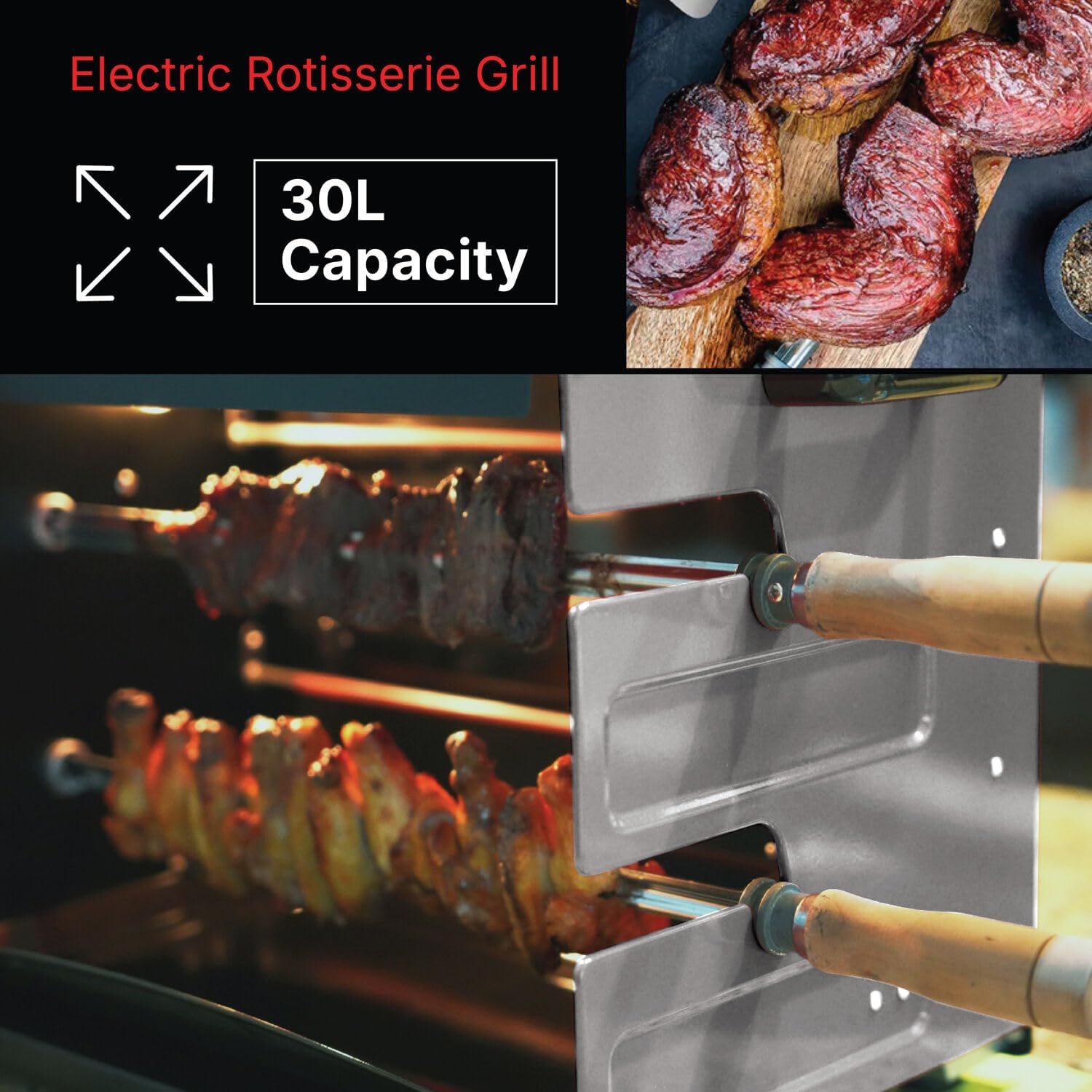 Brazilian Flame Indoor or Outdoor Rotisserie Grill Roaster with 2 Auto Rotating Skewers for Rotisserie Chicken, Steak, Fish, Brazilian Style BBQ, Electric Rotisserie Oven for Apartment or Home