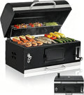 Large Built-in Barbecue Grills, Charcoal BBQ Grills with Liftable Tray, Insulated Hood & Temp Gauge, Black Stainless Steel Charcoal BBQ Barrel Grill for Outdoor Kitchen Camping Park Style