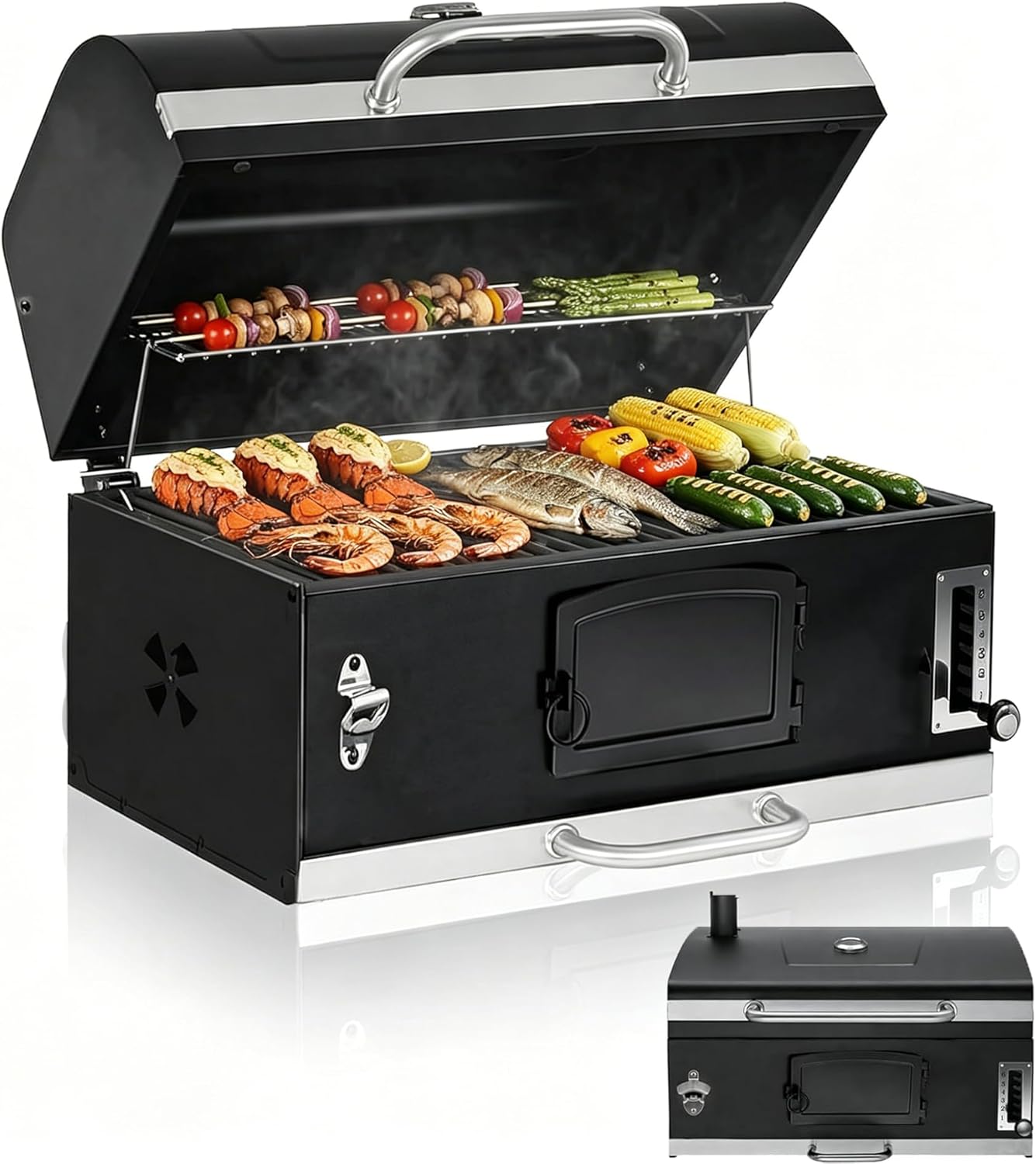 Large Built-in Barbecue Grills, Charcoal BBQ Grills with Liftable Tray, Insulated Hood & Temp Gauge, Black Stainless Steel Charcoal BBQ Barrel Grill for Outdoor Kitchen Camping Park Style