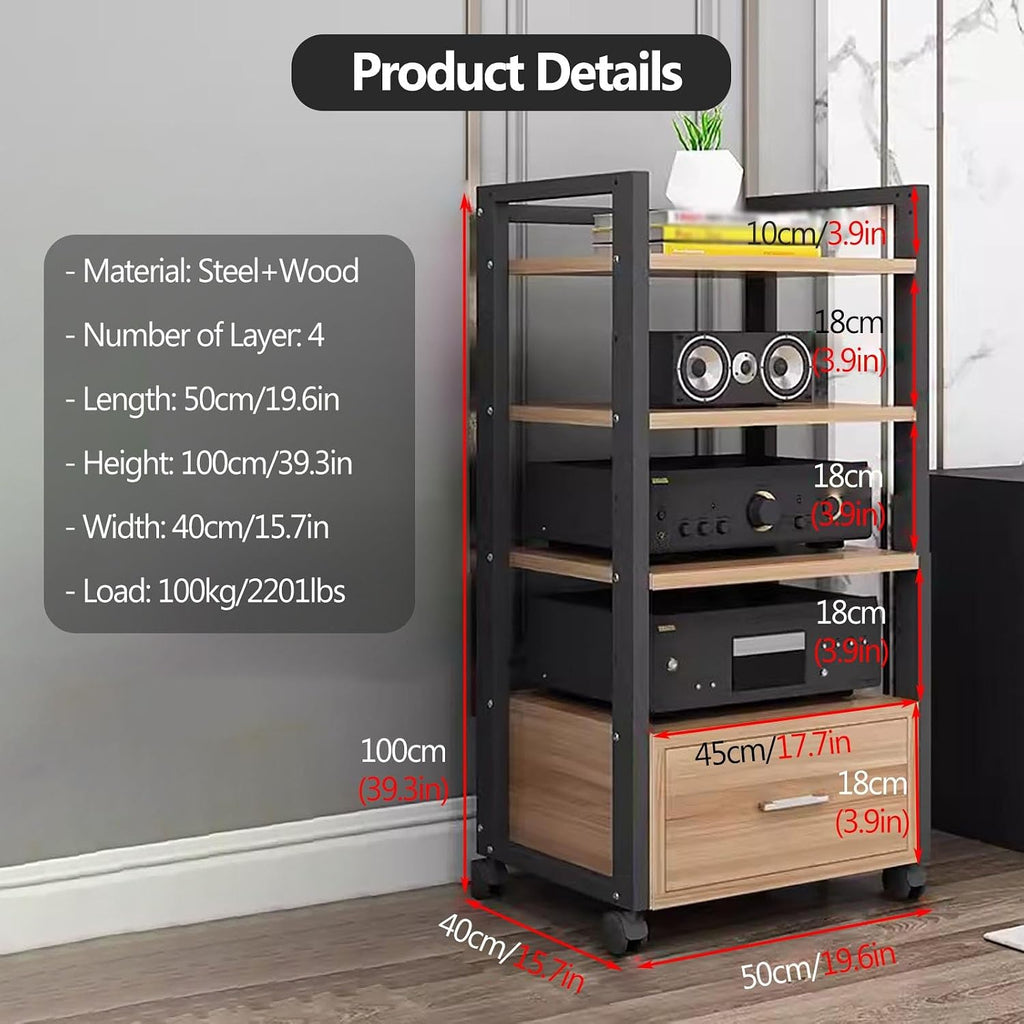 YLLFFLL AV Media Stand Corner Shelf - Rack Audio Tower with Adjustable Shelves - 79 100 120cm Tall Shelf Stand with Wheels - Audio Equipment Rolling Cart Rack Portable for Home(4Tiers-100cm Tall)