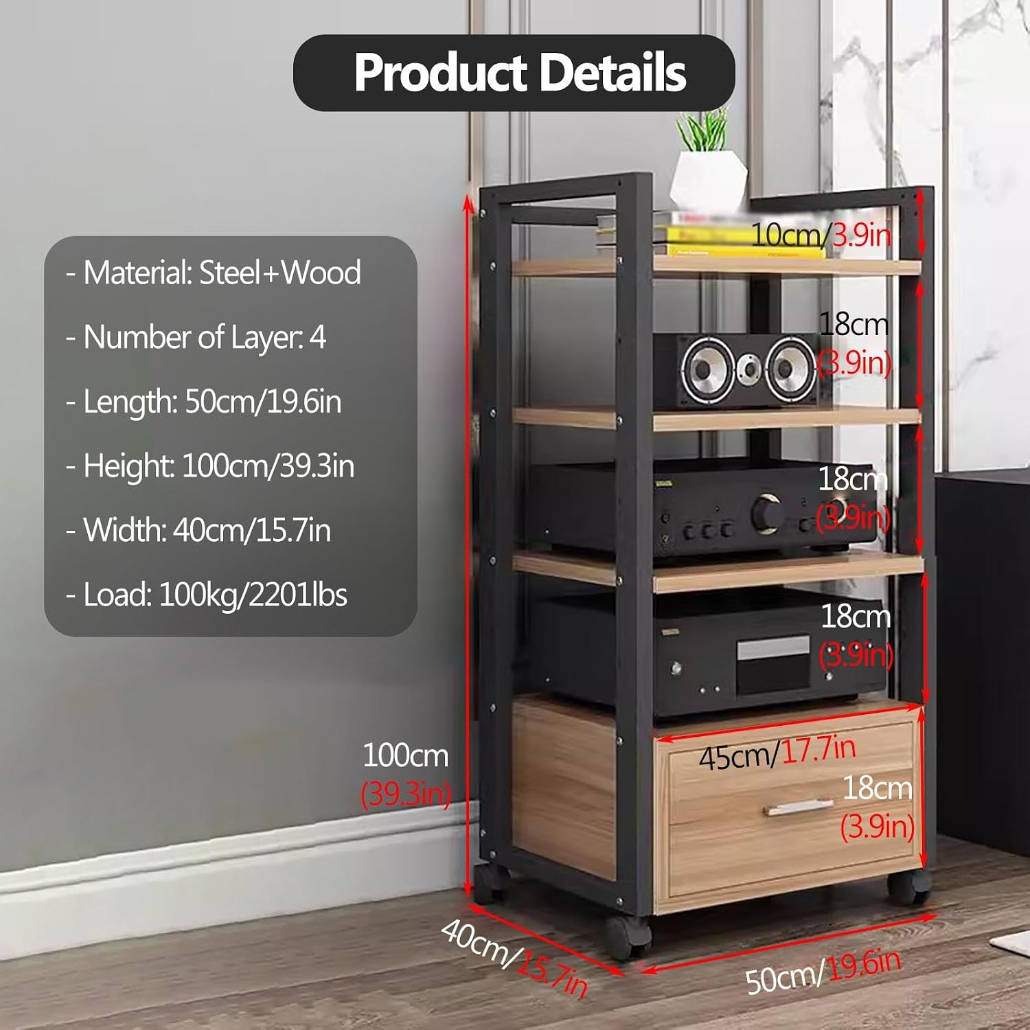 Audio Rack Power Amplifier Equipment Cabinet - Tv Stand with Storage and Shelves - Furniture Media Stand DVD Cd Player Stand - Large Media Storage Shelf On Wheels for Ktv,4Tiers-100cm Tall