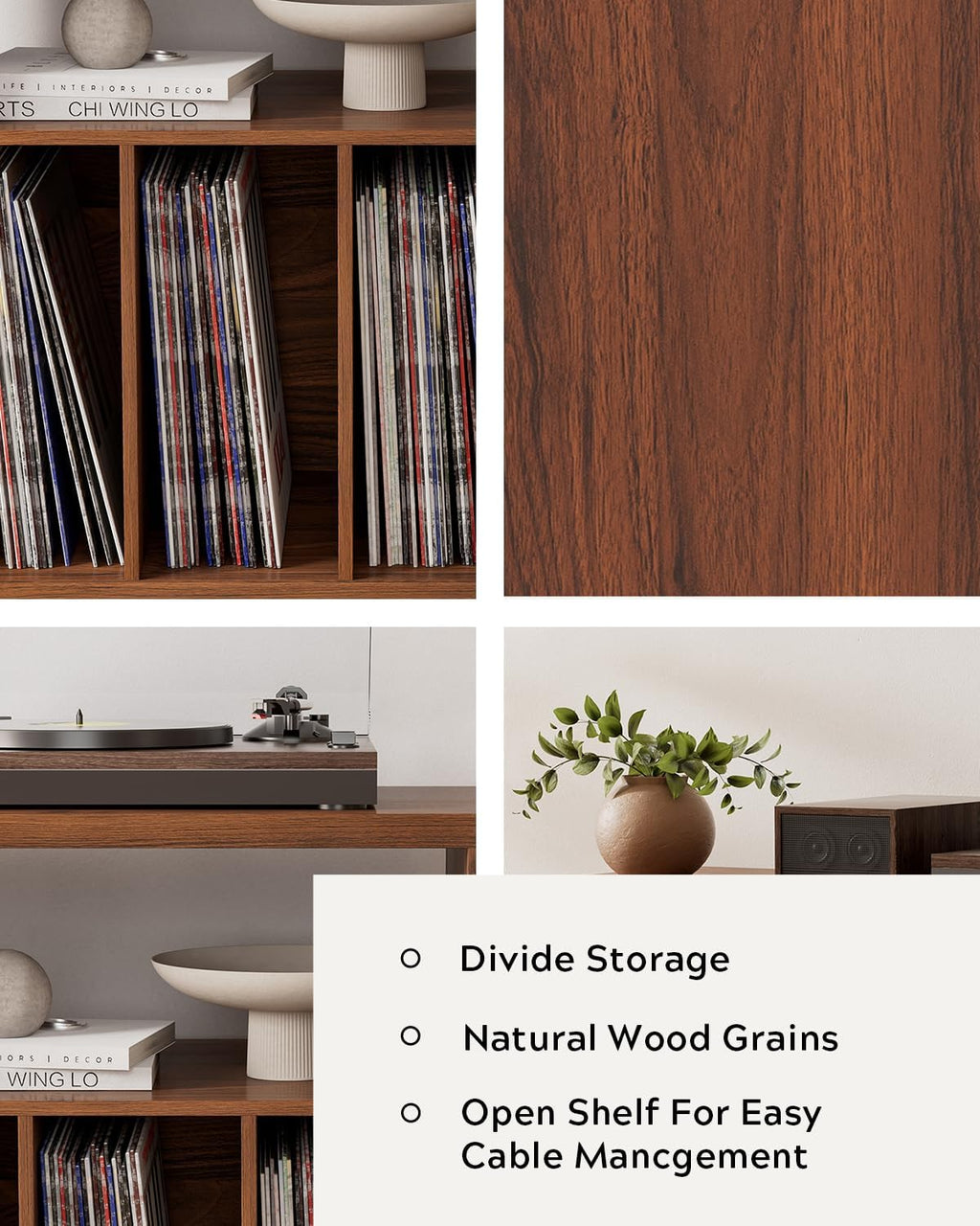 Modern Record Player Stand, Vinyl Record Storage Cabinet with Open Shelf, Wood Records Player Table Cube Storage Organizer for Living Room, Office, Brown