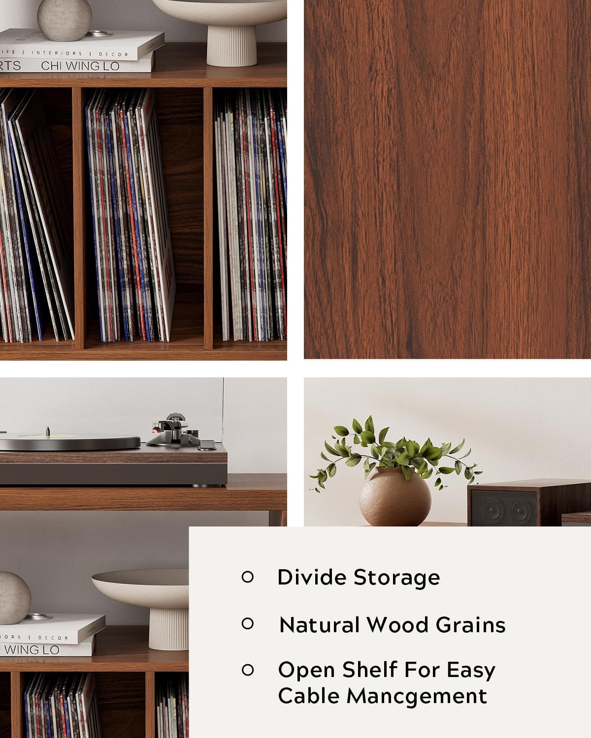 Modern Record Player Stand, Vinyl Record Storage Cabinet with Open Shelf, Wood Records Player Table Cube Storage Organizer for Living Room, Office, Brown