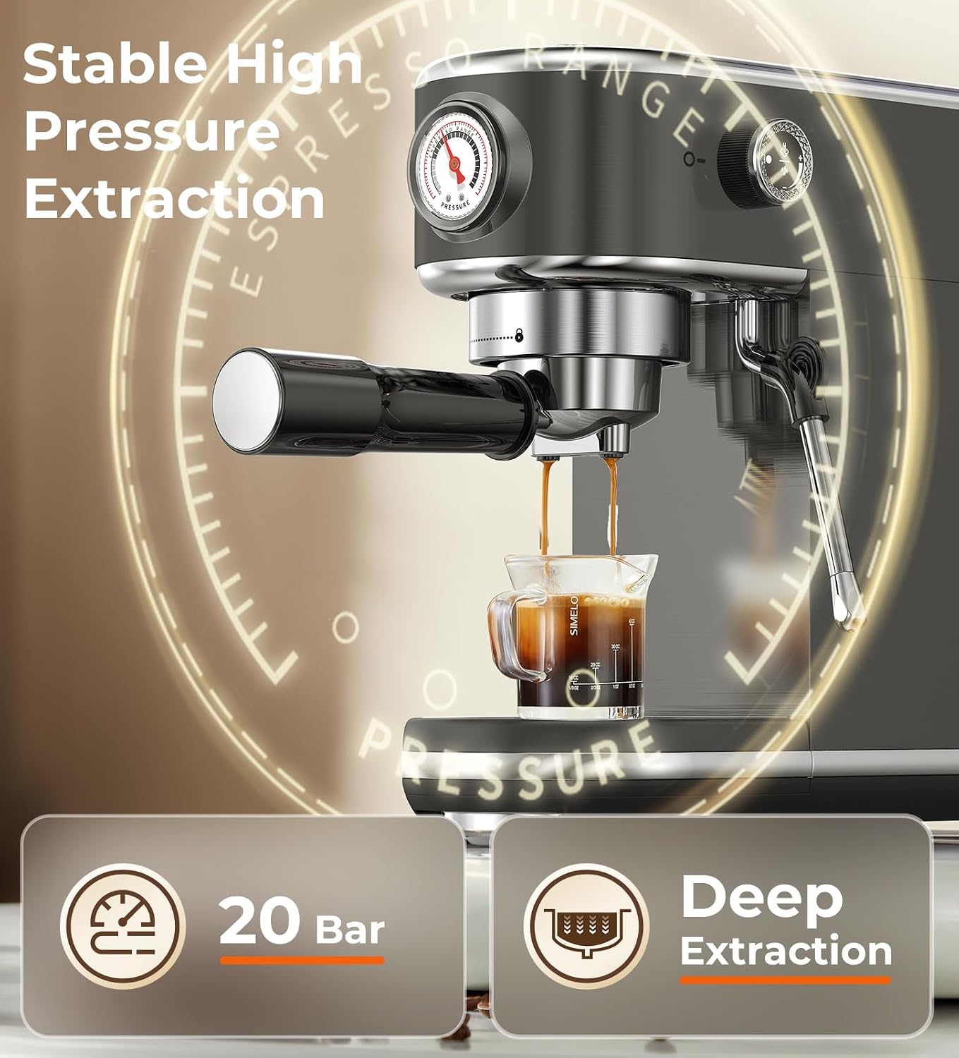 atatix 20 Bar Espresso Machine with Milk Frother, Compact Espresso Maker, Stainless Steel Coffee Machine with Precise Temp Control & 44oz Removable Water Tank for Latte, Cappuccino, Dark Grey