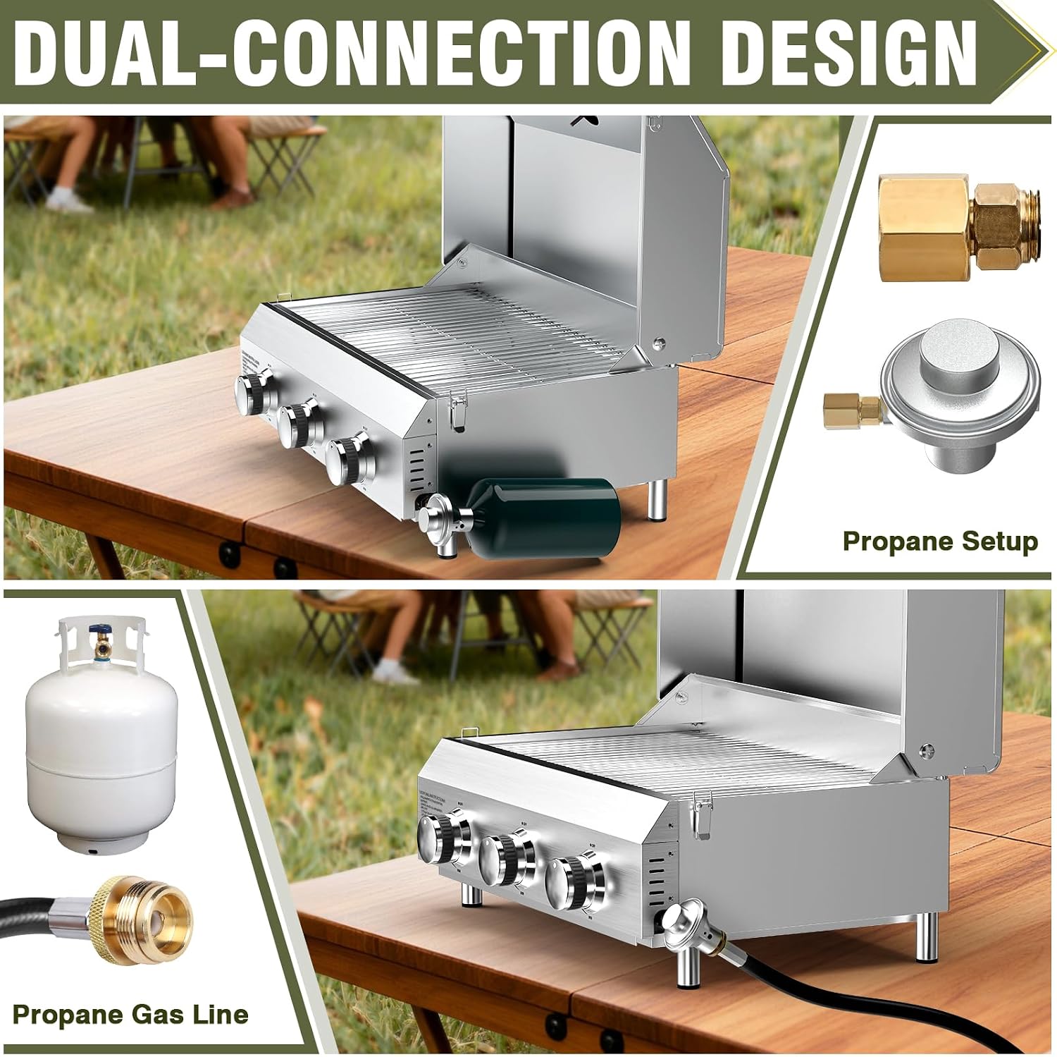 Bestfire 3-Burner Tabletop Propane Gas Grill with Dual Connections, 30,000 BTU Portable Propane Grill Fits Large Cylinders & Small Canisters, Stainless Steel Knobs, Compact Design for Camping, RV, BBQ