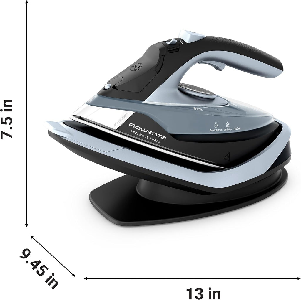 Rowenta Freemove Cordless Iron with Steam, 1600 Watts, Stainless Steel Soleplate, Rapid Heating, Portable Steamer for Clothes, Rechargeable for Wireless Ironing, Handheld Steamer Iron, Blue, DE6730