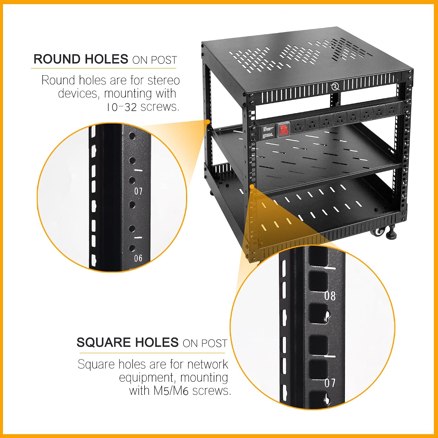 RIVECO 9U Network Rack with Reinforced Top Cover - 4 Post Floor Rack on Wheels for 19' Equipment & Stereo Gear- Including Rack Mount Power Strip & 1PCS 1U Rack Shelf