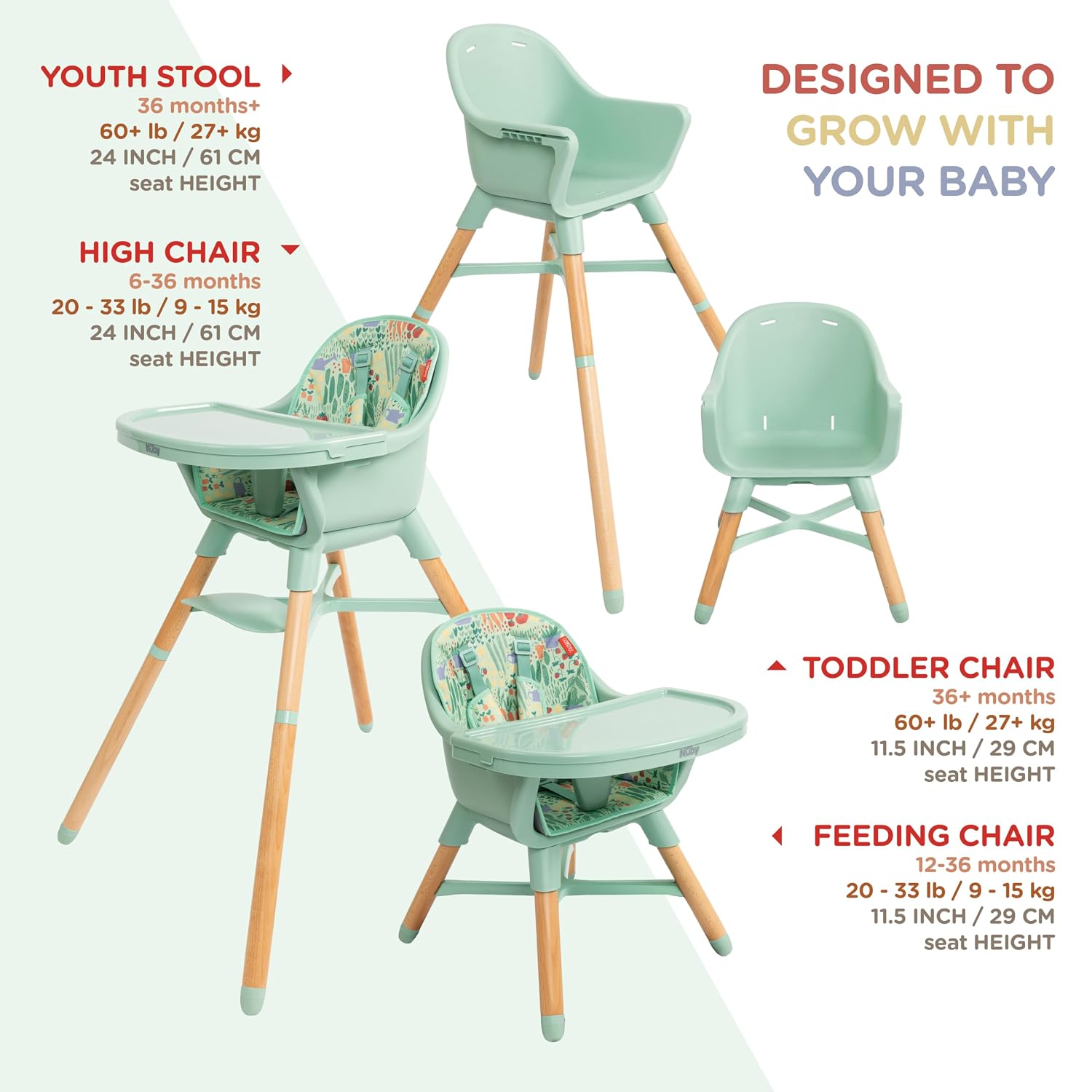 Nuby 4-in-1 Baby High Chair Seat with Removable Tray - 6+ Months to 3 Years - Adjustable Toddler Chair for Eating - Holds Up to 60 lbs - Green