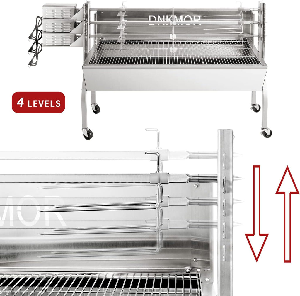 Rotisserie Grill Stainless Steel Charcoal Spit Roaster, 50' Pig Lamb Hooded Roaster Charcoal Spit with 30W Motor & Adjustable Height Lockable Casters for Outdoor Camping Party, Rated 150 LB