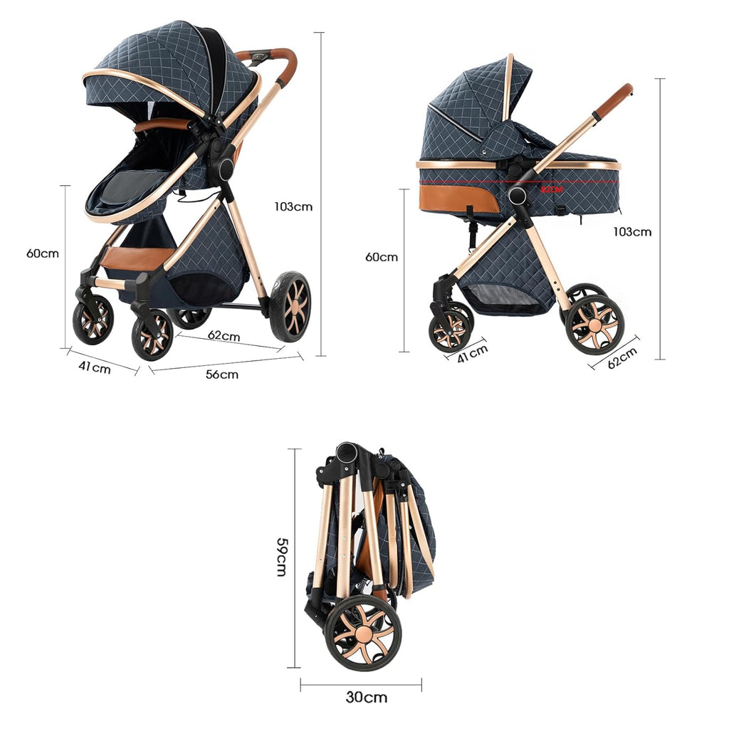 2 in 1 Baby Stroller Convertible Reversible Standard Pram Portable Pushchair Infant Buggy Baby Carriage Foldable High Landscape Pram for Toddler Newborn (225 Grey)