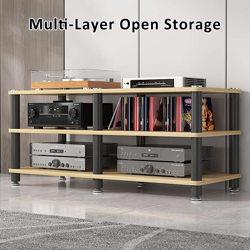 4-Tier Corner AV Media Stand - Light Walnut Stereo Rack for Gaming Console & Audio Equipment - Entertainment Tower Shelf Storage (120x40x50cm)