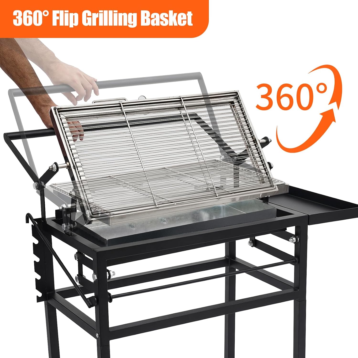 360° Rotating Charcoal Grill with Cart & Wheels, Charcoal Flip Grill for BBQ, Heavy Duty Square Outdoor Detachable Portable Grill for Camping, Picnic, Patio & Backyard Parties