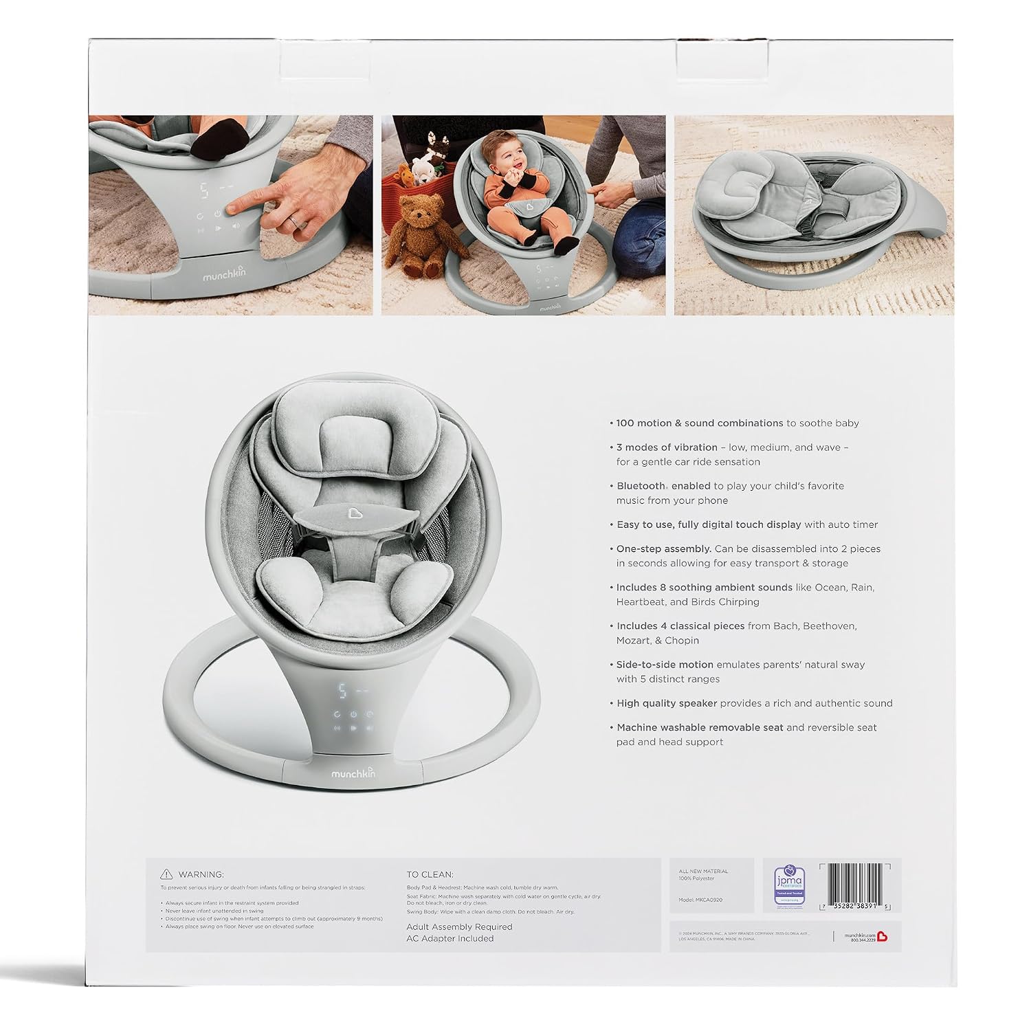 Munchkin Electric Baby Swing with Vibration - Portable Swing for Newborn and Infant, Bluetooth-Enabled Smart Seat with Music, Motion, and Sounds, Light Grey